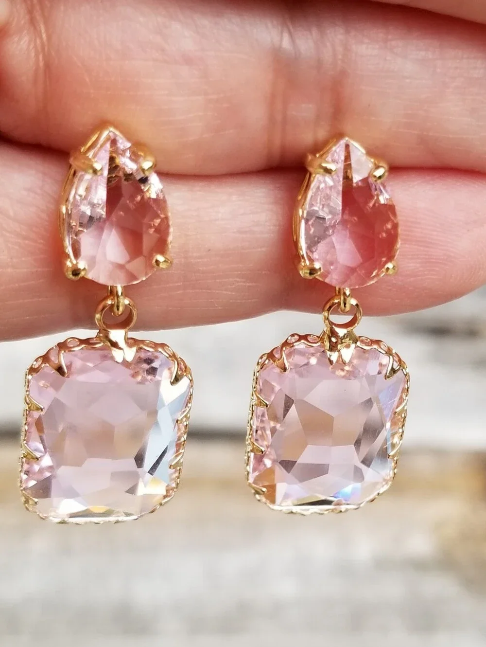 14k Gold Pink Tourmaline Stud Earrings, Rectangular Tourmaline Dangle Earrings